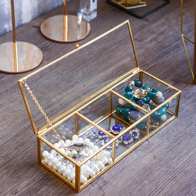 Vintage Golden Glass Lidded Box Clear Glass & Brass Metal Storage Jewelry and - Image 3