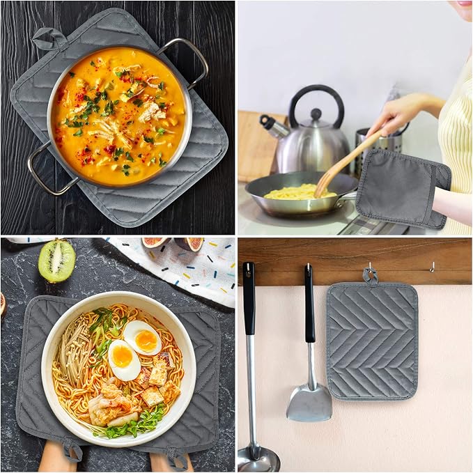 R HORSE 6Pcs Pot Holder with Pocket Grey Cotton Pocket Pot Holder Set - Image 4