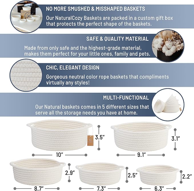 NaturalCozy 5-Piece Round Small Woven Baskets Set– Cotton Rope Baskets - Image 2