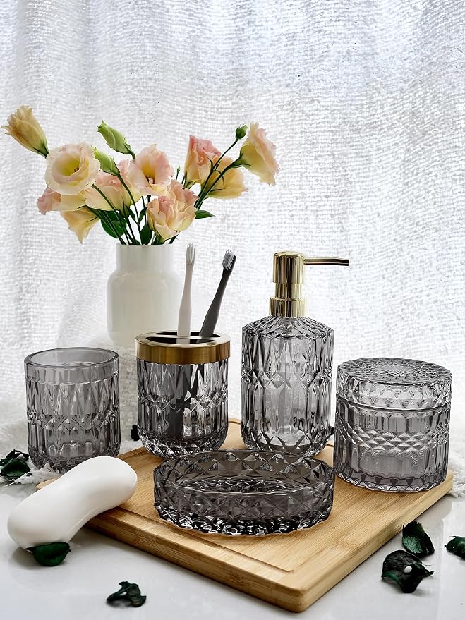 Gray Bathroom Accessories Set, Soap Dispenser, Soap Dish, Toothbrush Holder Set - Image 2