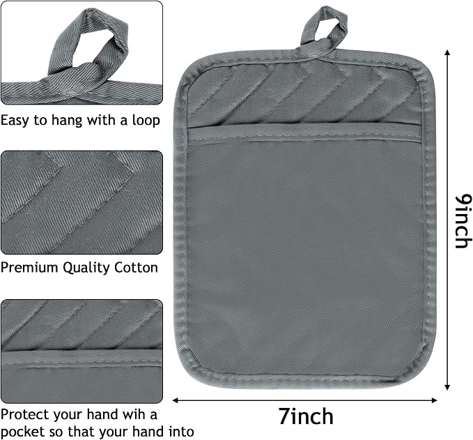 R HORSE 6Pcs Pot Holder with Pocket Grey Cotton Pocket Pot Holder Set - Image 2