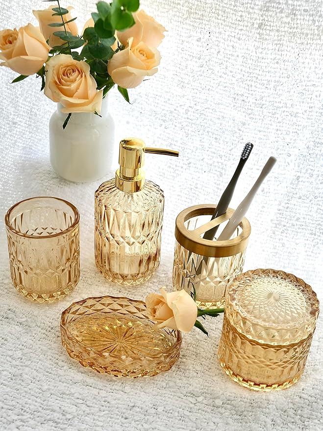 Clear Gold Bathroom Accessorries Set, Lotion Soap Dispenser, Toothbrush Holder - Image 4