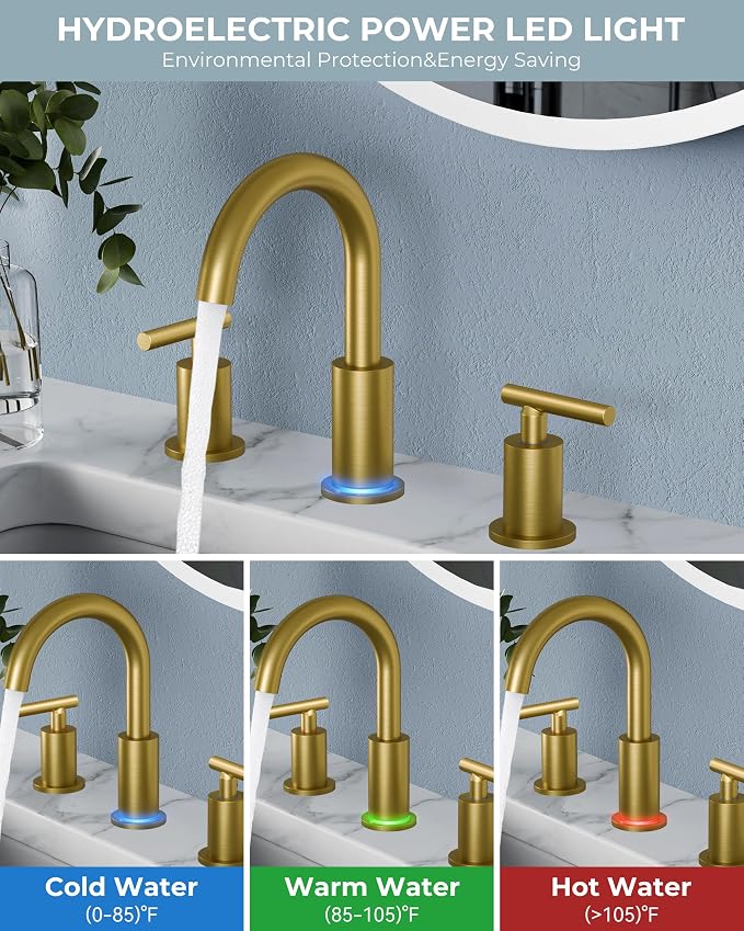 FORIOUS LED Bathroom Faucet Gold, 3 Hole Bathroom Faucet Brushed Gold Widespread - Image 2