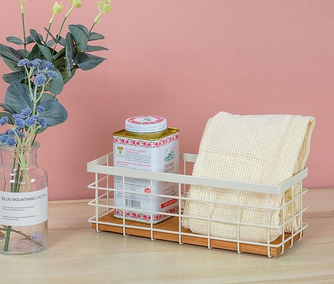 TIEYIPIN Small Metal Wire Storage Basket, Detachable Wood Base Storage - Image 2