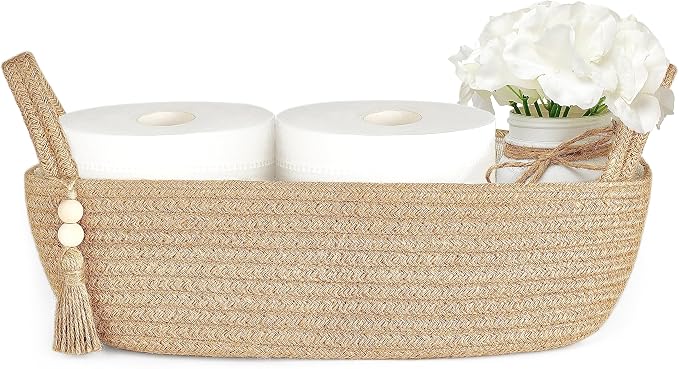 Mkono Small Storage Basket for Toilet Tank Top Boho Bathroom Decor Woven Rope by Mkono