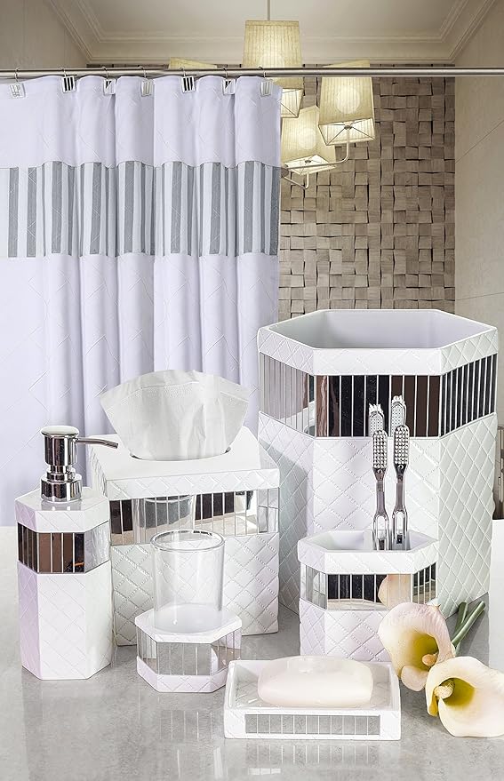 Creative Scents Quilted Mirror White Bathroom Accessories Set - Image 6