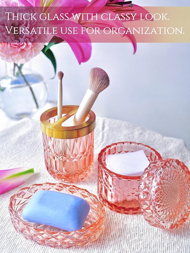 5pcs Clear Glass Bathroom Accessories Set, Crystal Pink Bathroom Decor Set - Image 3