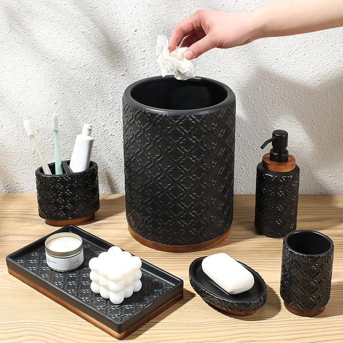 Elegant Bathroom Accessories Set 6 PCS Ceramic and Wood Bathroom Accessory Set by RQYIXI