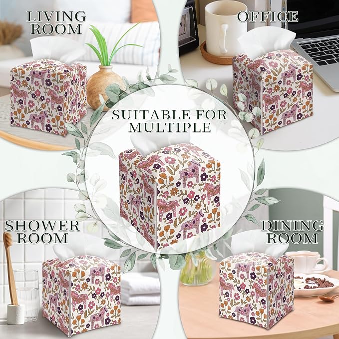 Vintage Floral Horse Tissue Box Cover, Square PU Leather Tissue Holder - Image 6