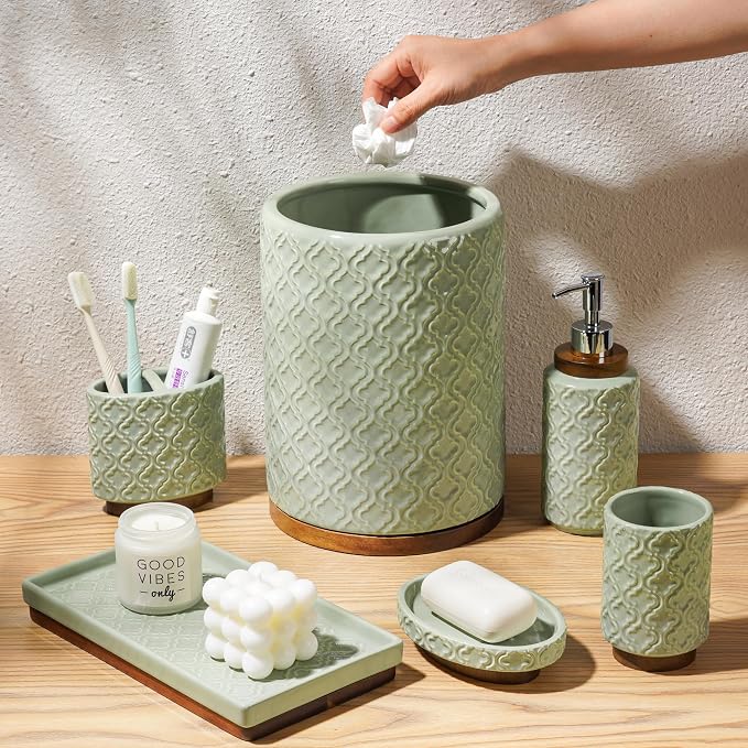 Elegant Bathroom Accessories Set 6 PCS Ceramic and Wood Bathroom Accessory Set - Image 4