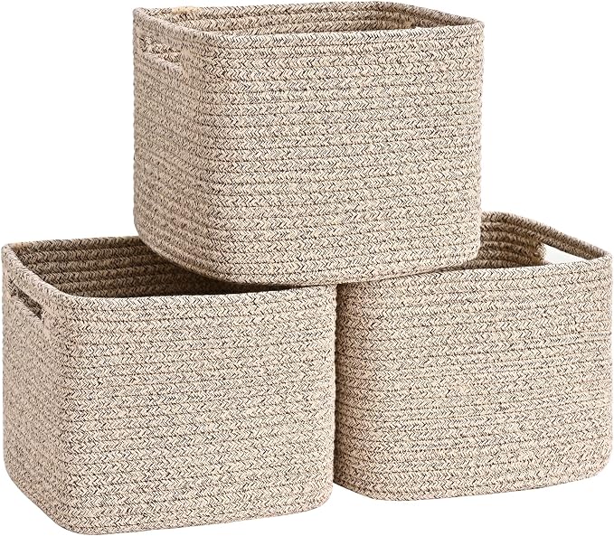 3 Pack Cube Storage Bin, 9”x9”x7” Cotton Rope Woven Baskets by Degeyoyo