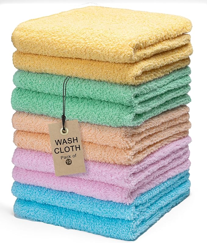 Terry Washcloths – 12x12 Inches – Pack of 10 – Multicolor – Highly Absorbent by TEXTILA