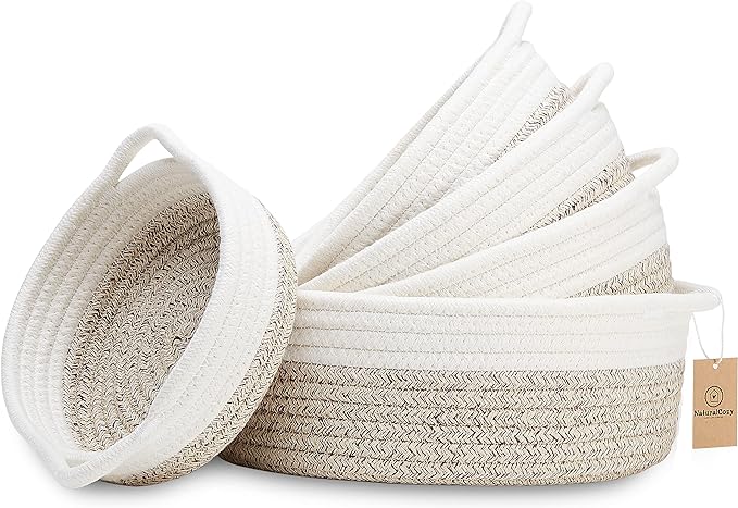 NaturalCozy 5-Piece Round Small Woven Baskets Set– Cotton Rope Baskets by NaturalCozy