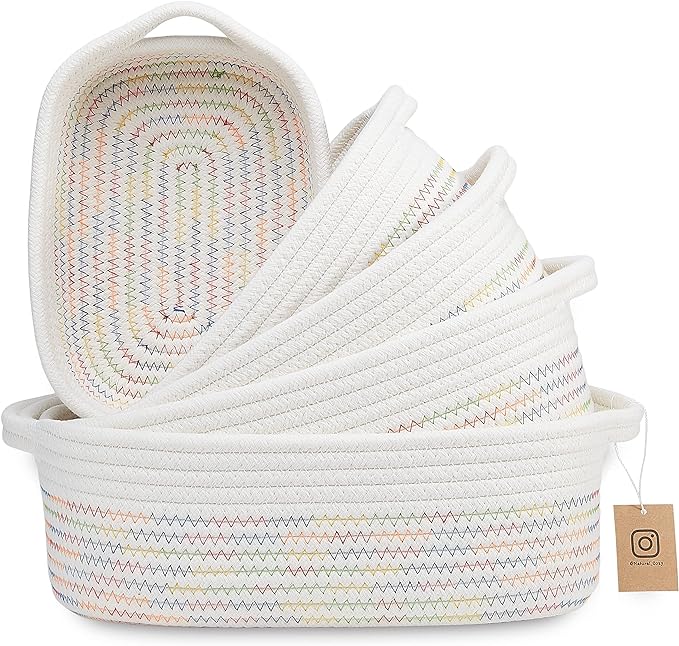 NaturalCozy 5-Piece Rectangle Storage Basket Set- Natural Cotton Rope Woven by NaturalCozy