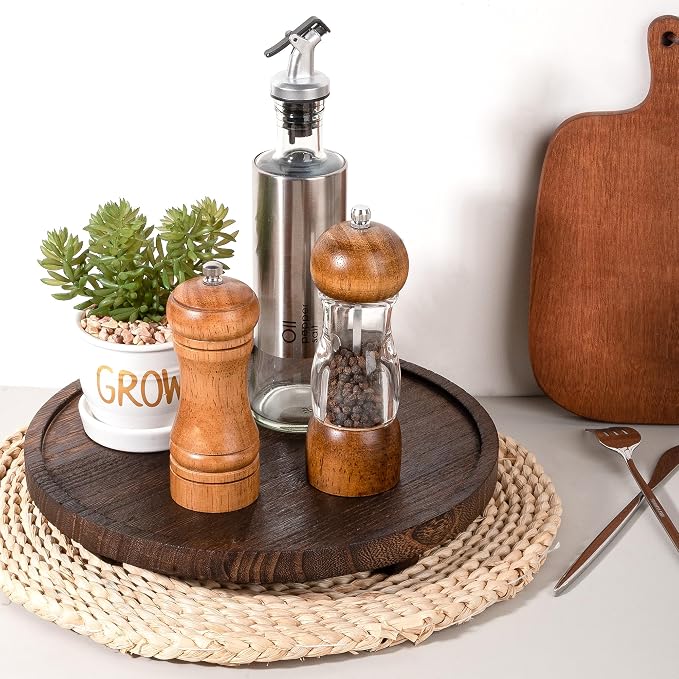Round Decorative Tray Wood Bathroom Counter Organizer Farmhouse Kitchen Decor - Image 4