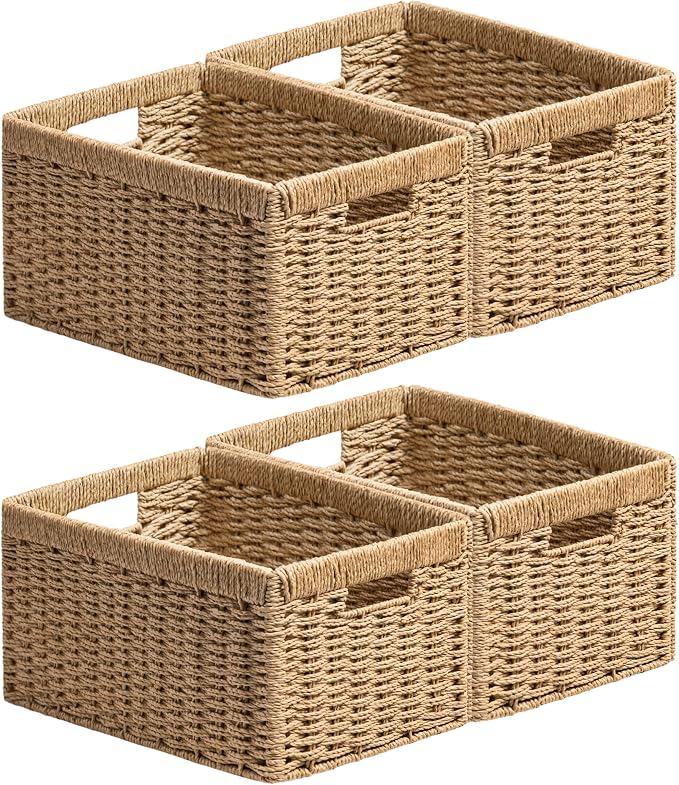 UBBCARE 4 Pack Wicker Basket, 13.4L×8.3H×7.1W inch Woven Paper Rope Storage by UBBCARE