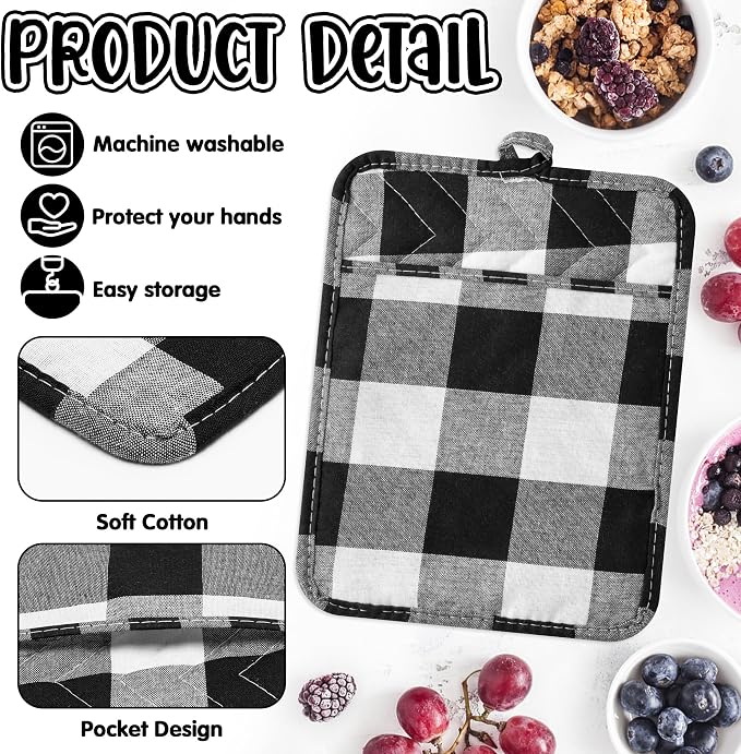 R HORSE 6Pcs Pot Holder with Pocket Black Check Pocket Pot Holder Set Cotton - Image 3