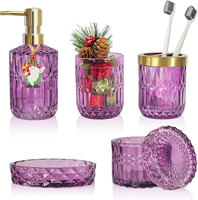 Purple Bathroom Accessories Set, Soap Dispenser, Toothbrush Holder Set by LaMarriti