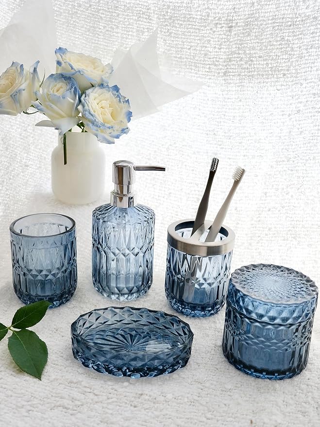 Blue Bathroom Accessories Set, Hand Soap Dispenser, Soap Dish, Toothbrush - Image 5