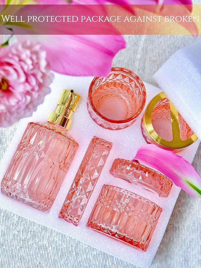 5pcs Clear Glass Bathroom Accessories Set, Crystal Pink Bathroom Decor Set - Image 5