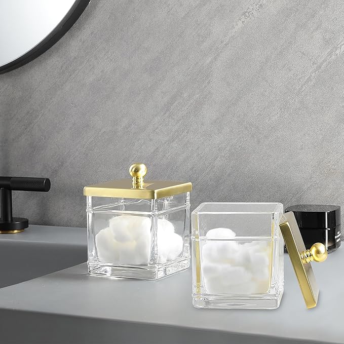 Glass Cotton Jar Holder 2 Pack– Brushed Gold Lid, Elegant Bathroom Storage - Image 4