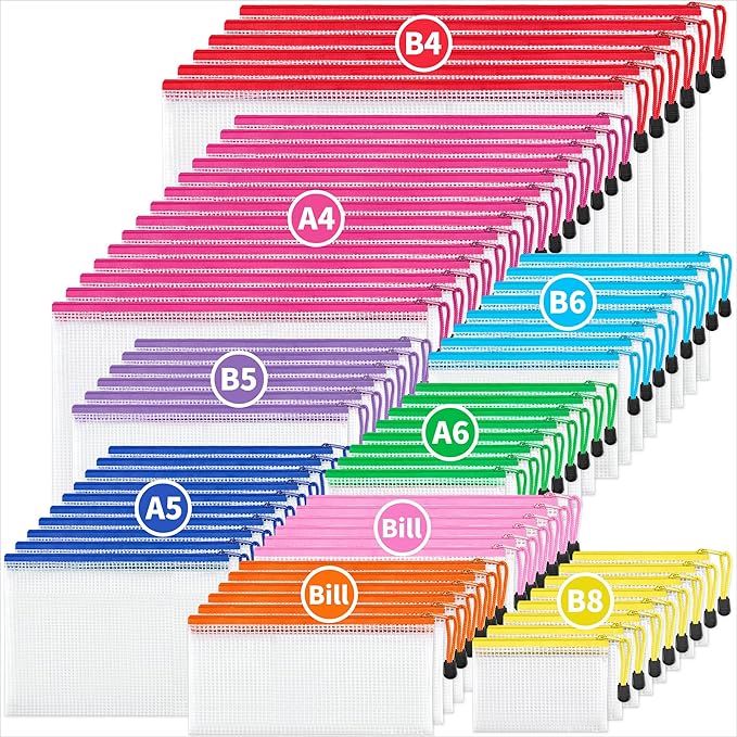JARLINK 72 Pack 8 Sizes Mesh Pouch, 9 Colors, Waterproof Zipper File Bags by JARLINK