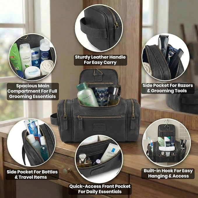LEATHER VILLAGE Genuine Leather Travel Dopp Kit - Image 3