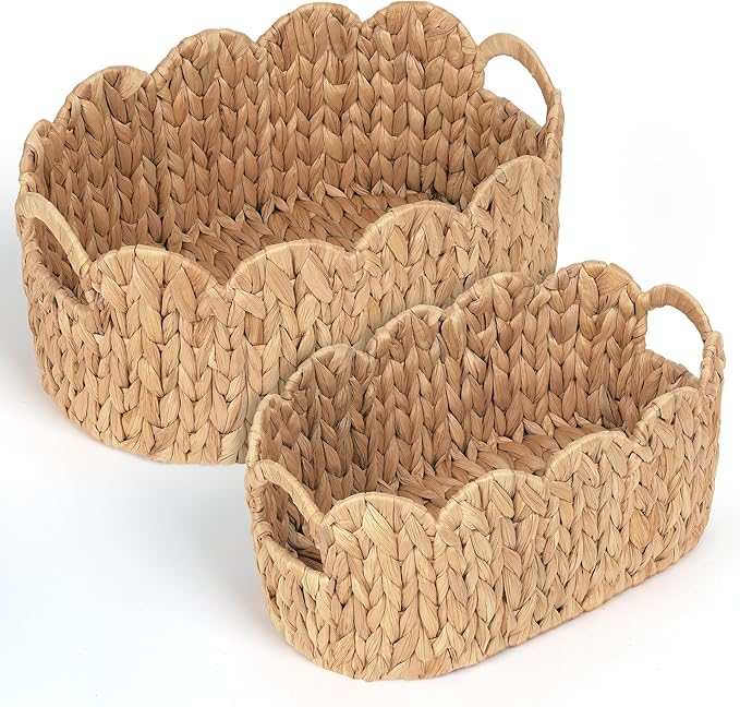 Scalloped Wicker Basket, Water Hyacinth Storage Oval Cute Baby Baskets by iEGrow