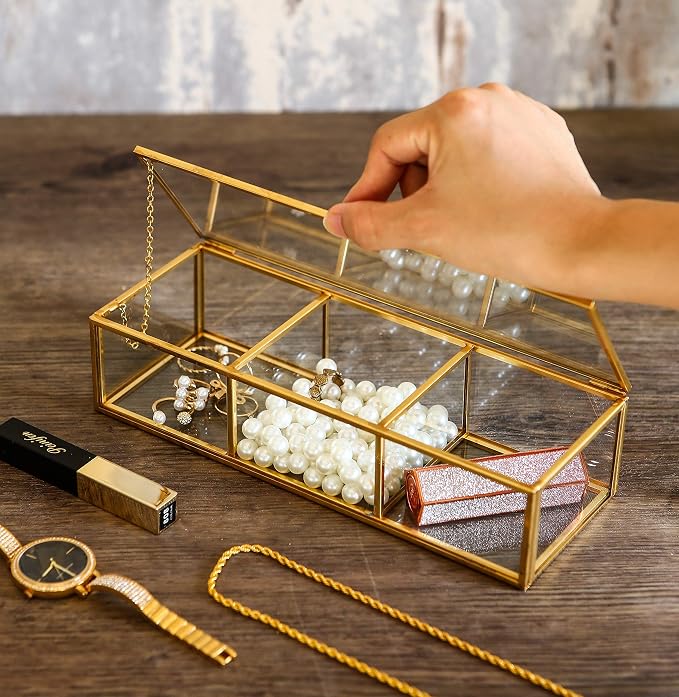 Vintage Golden Glass Lidded Box Clear Glass & Brass Metal Storage Jewelry and - Image 5