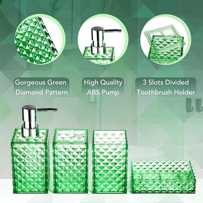 Bathroom Accessory Set, Diamond Pattern Bathroom Soap Dispenser and Toothbrush - Image 3
