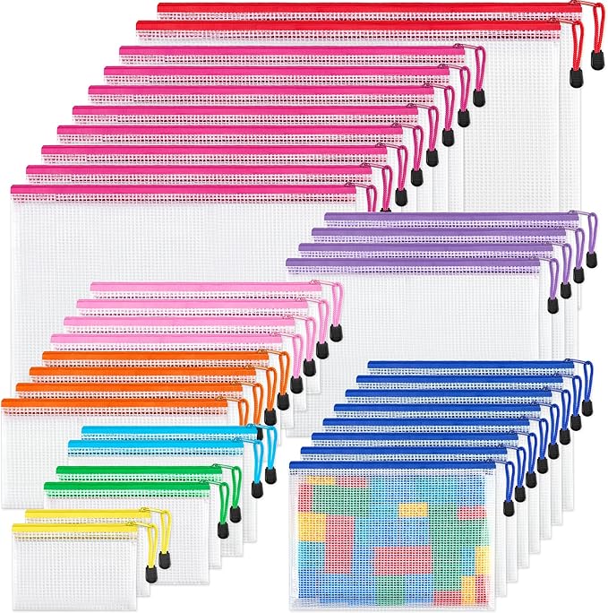 JARLINK 36 Pack 8 Sizes Mesh Pouch, 9 Colors, Waterproof Zipper File Bags by JARLINK