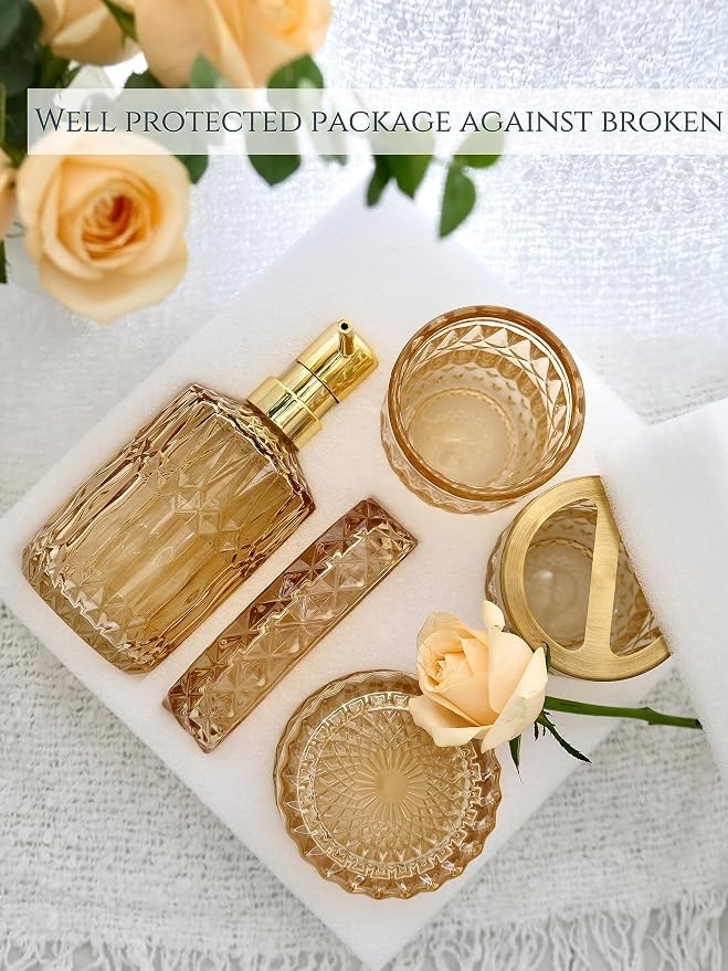 Clear Gold Bathroom Accessorries Set, Lotion Soap Dispenser, Toothbrush Holder - Image 6