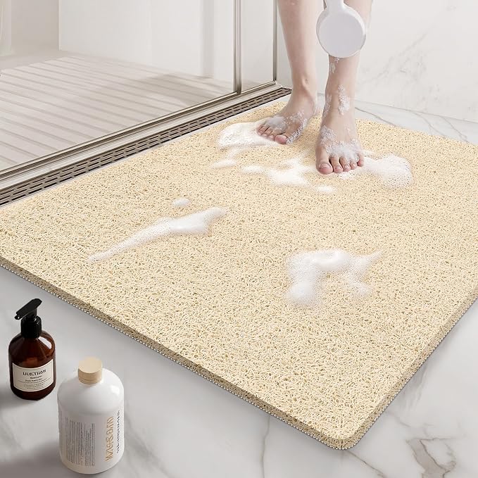 Beige Non Slip Square Shower Mat 24x24 Inch by Mecko