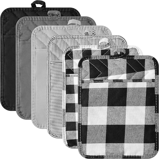 R HORSE 6Pcs Pot Holder with Pocket Black Check Pocket Pot Holder Set Cotton by RHORSE